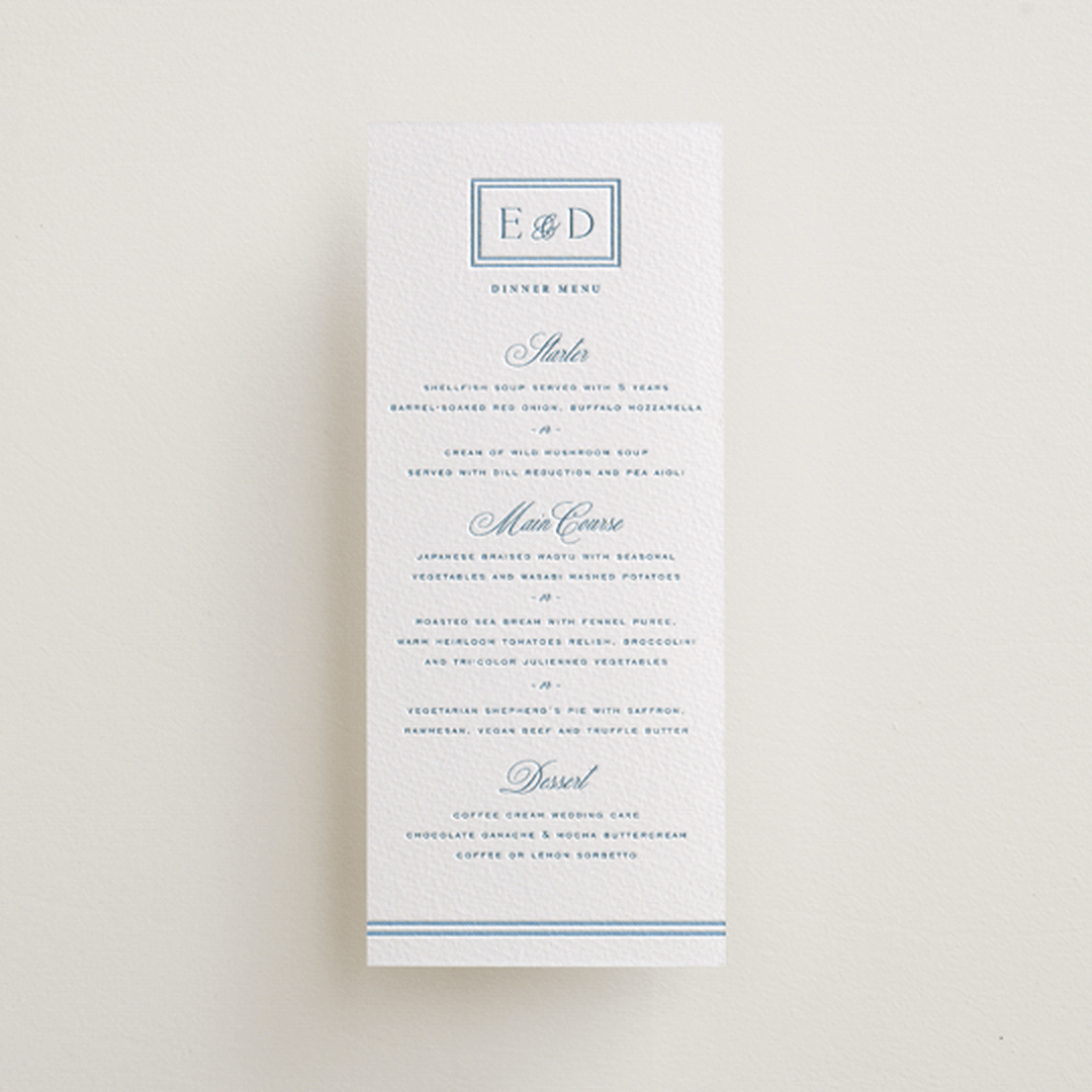 "ricciarelli" - Letterpress Menus in Denim by chocomocacino - Front