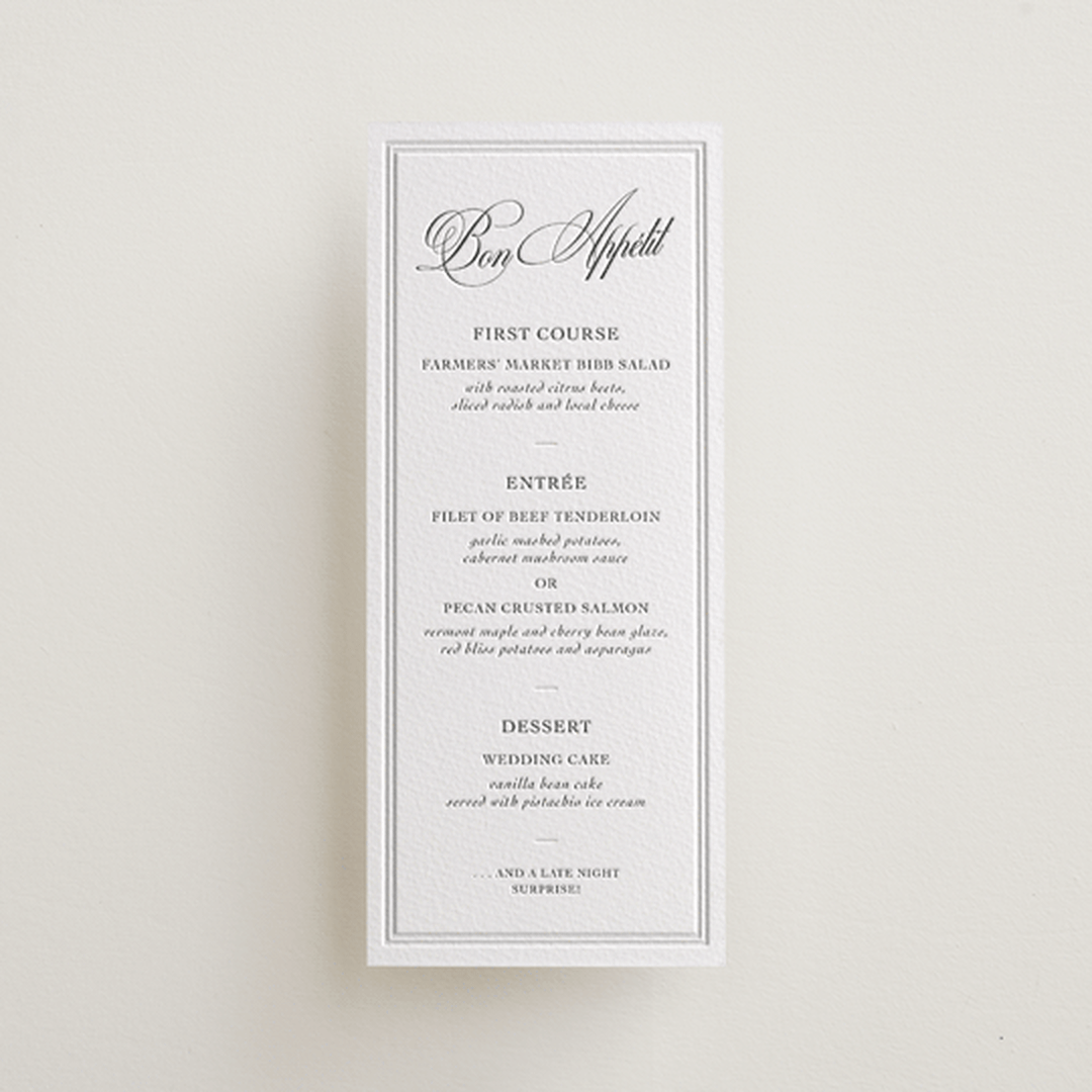 "Bradford" - Letterpress Menus in Pewter by Megan Davis - Front