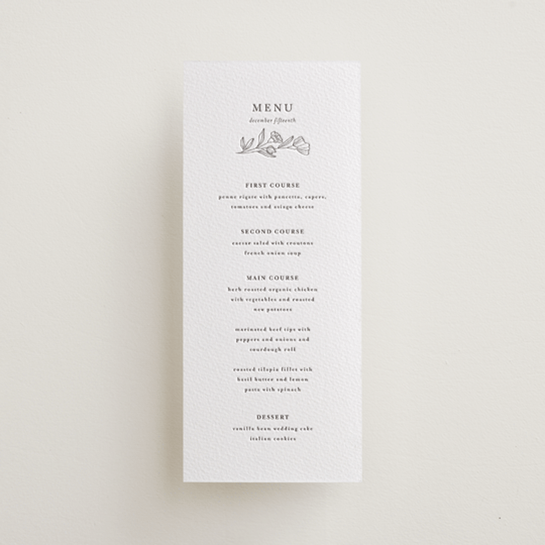 "Bouvardia" - Letterpress Menus in Graphite by Deynaaz Daraei - Front