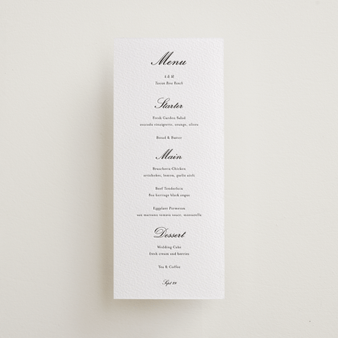 "Finely" - Letterpress Menus in Soft Black by Ani Somi - Front