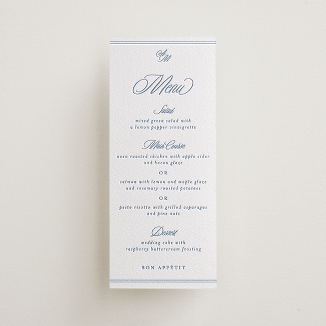 "Stately" - Letterpress Menus in Provincial Blue by Creo Study - Front