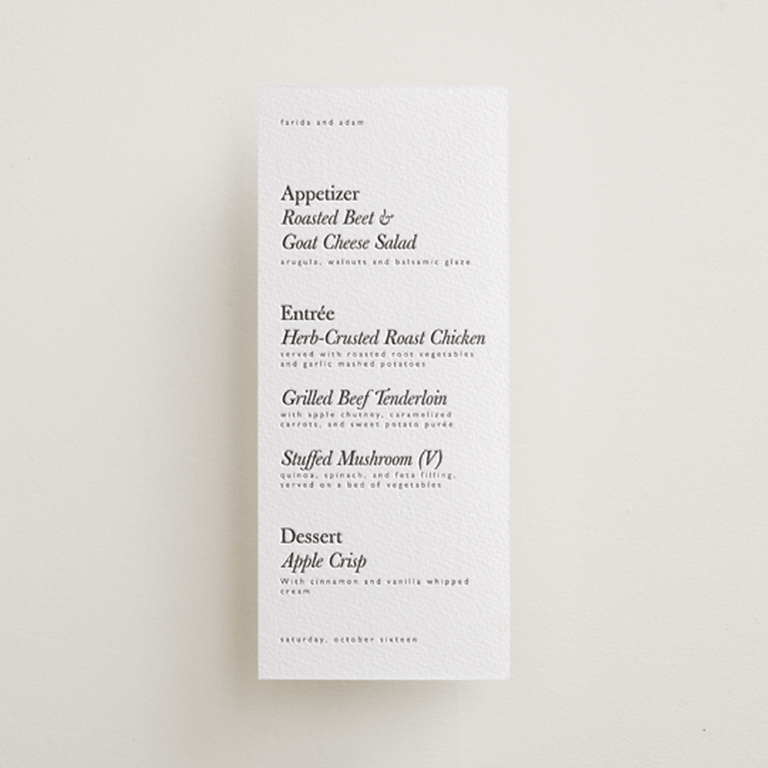 "Westin" - Letterpress Menus in Soft Black by Hudson meet Rose - Front