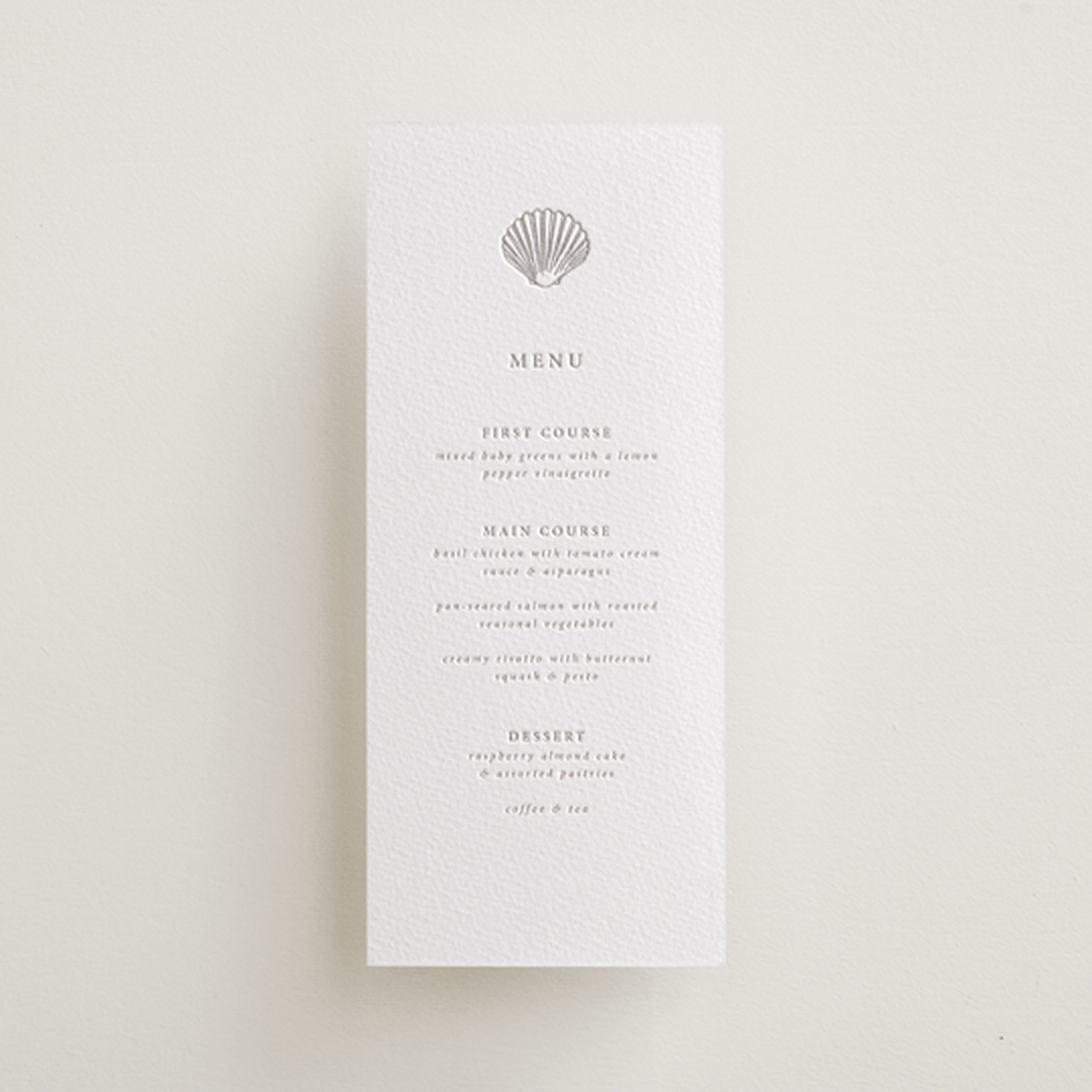 "Simple Seashell" - Letterpress Menus in Dove Grey by Hannah Bowman - Front