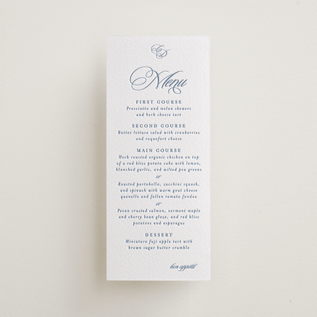 "Aristocratic" - Letterpress Menus in Provincial Blue by Creo Study - Front
