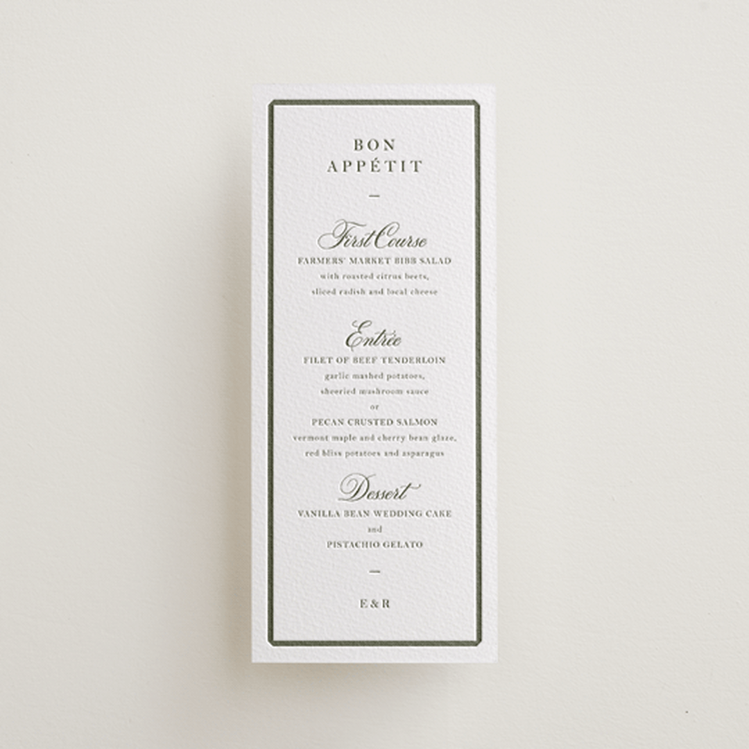 "Bevel" - Letterpress Menus in Moss by Megan Davis - Front