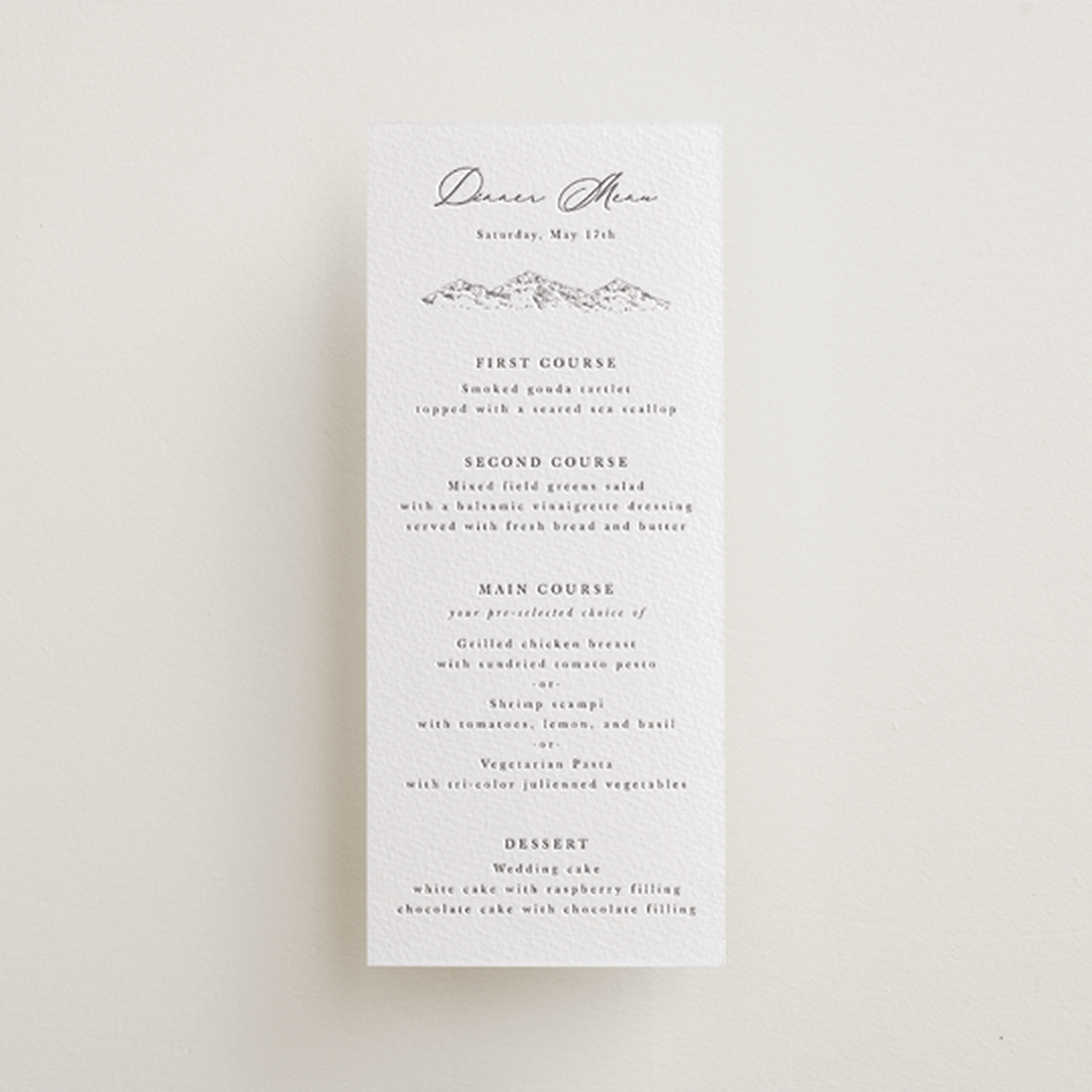 "Mountainview" - Letterpress Menus in Graphite by Sarah Brown - Front