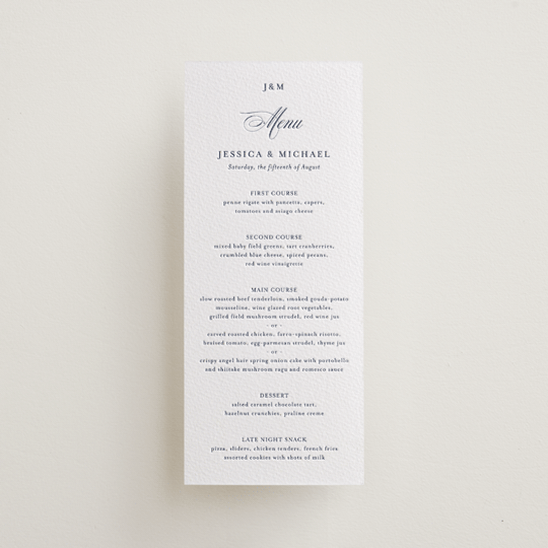 "Empire" - Letterpress Menus in Aegean by Jennifer Postorino - Front