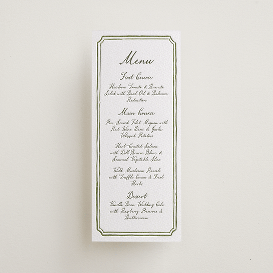 "Handwritten" - Letterpress Menus in Moss by Cass Loh - Front