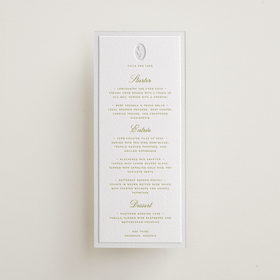 "Calia " - Letterpress Menus in Avocado by Ani Somi - Front