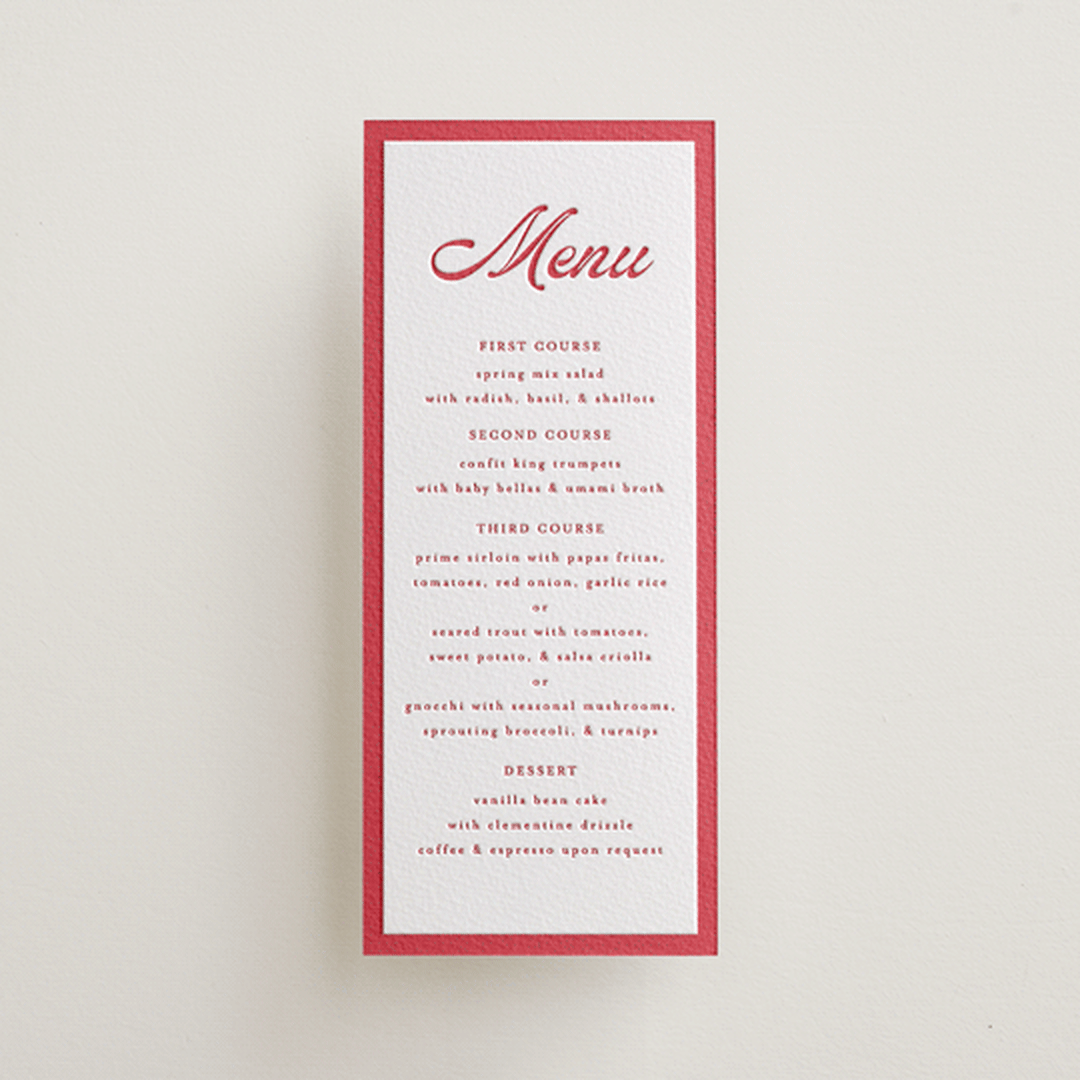 "Prep School" - Letterpress Menus in Scarlet by Morgan Kendall - Front
