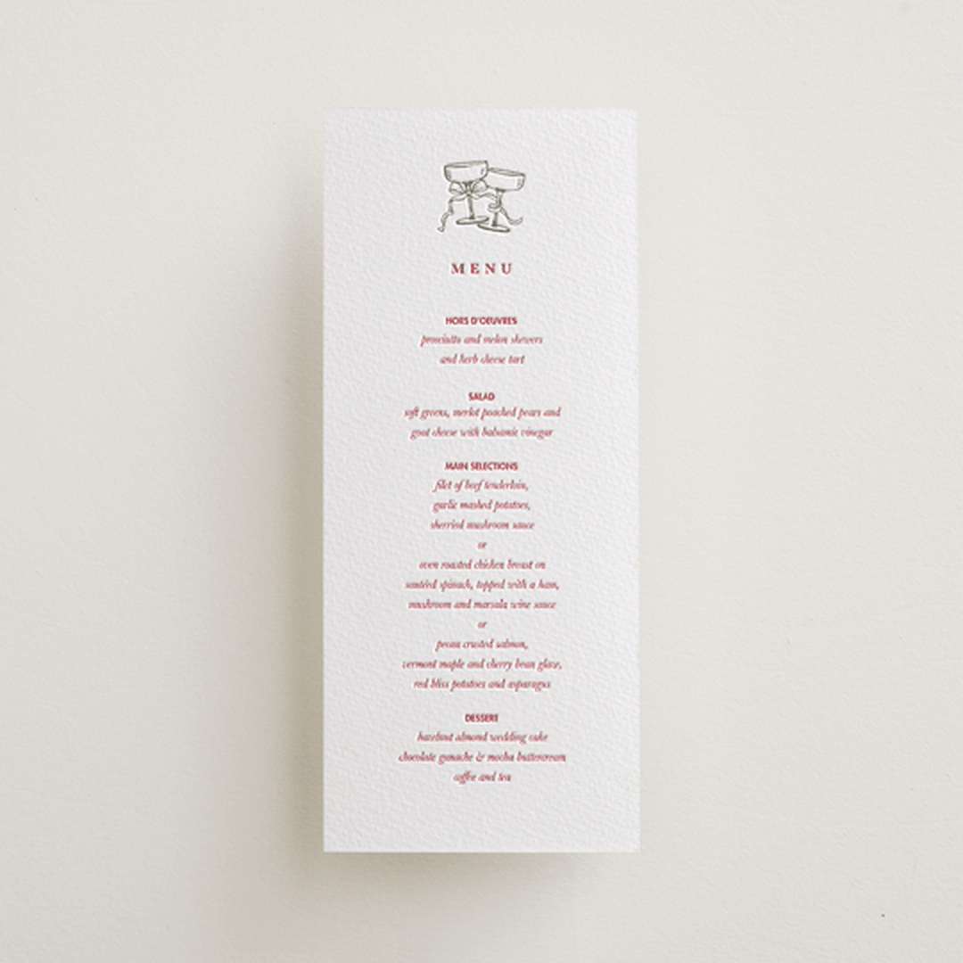 "Classic Cherries" - Letterpress Menus in Scarlet by Charter Oaks Creative - Front