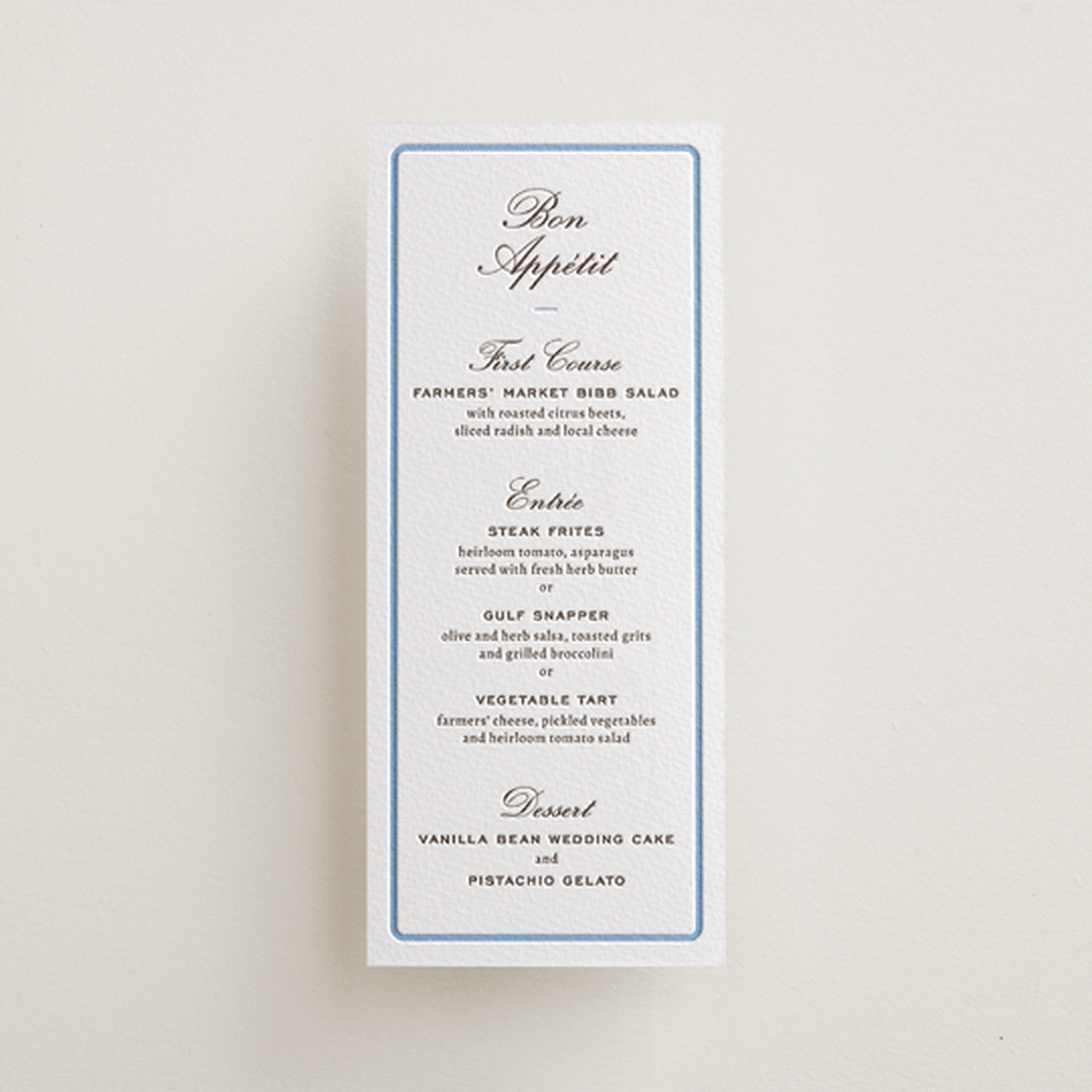"Aperitif" - Letterpress Menus in Sky Blue by Megan Davis - Front