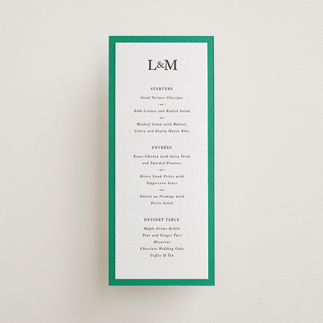 "Classic Initials" - Letterpress Menus in Soft Black by mo kelley - Front