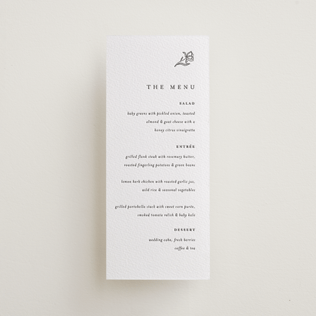 "Floral Cascade" - Letterpress Menus in Soft Black by Pixel and Hank - Front