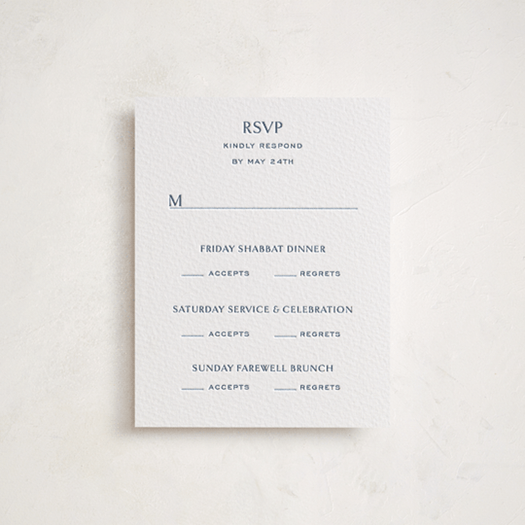 "Beaufort" - Letterpress Bar and Bat Mitzvah RSVP Cards in Sky Blue by Megan Davis - Front