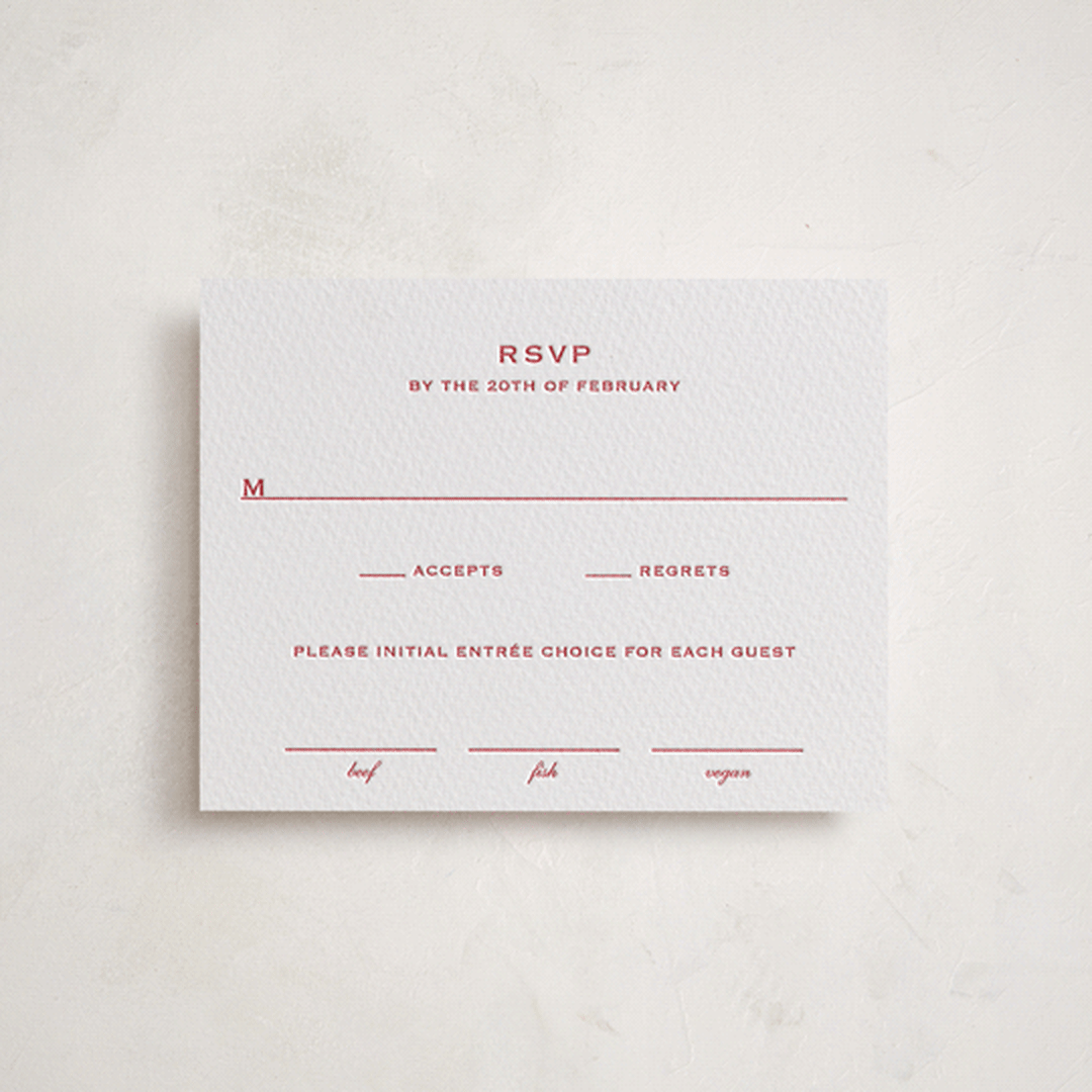 "Danbury" - Letterpress Bar and Bat Mitzvah RSVP Cards in Cherry by Megan Davis - Front