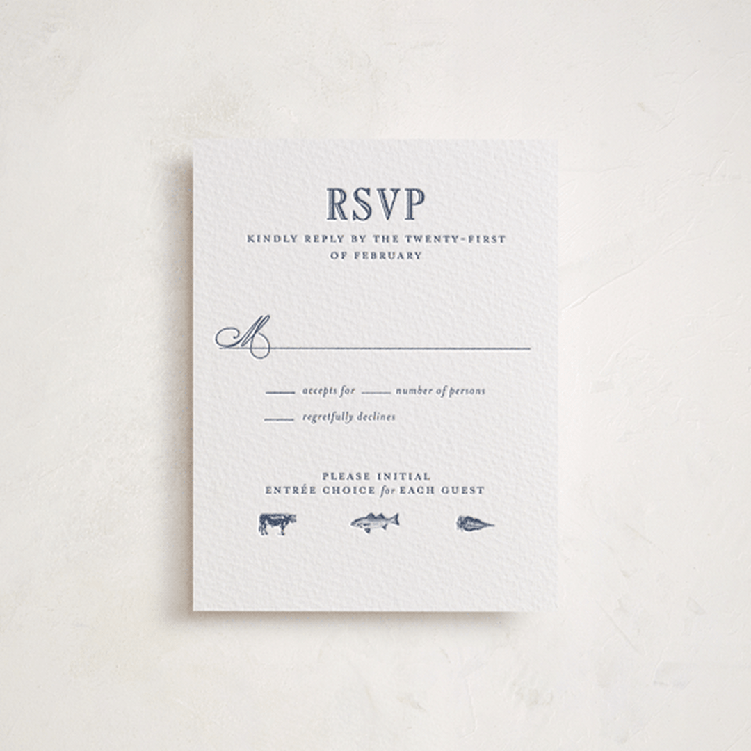 "Hepburn" - Letterpress Bar and Bat Mitzvah RSVP Cards in Navy by Megan Davis - Front