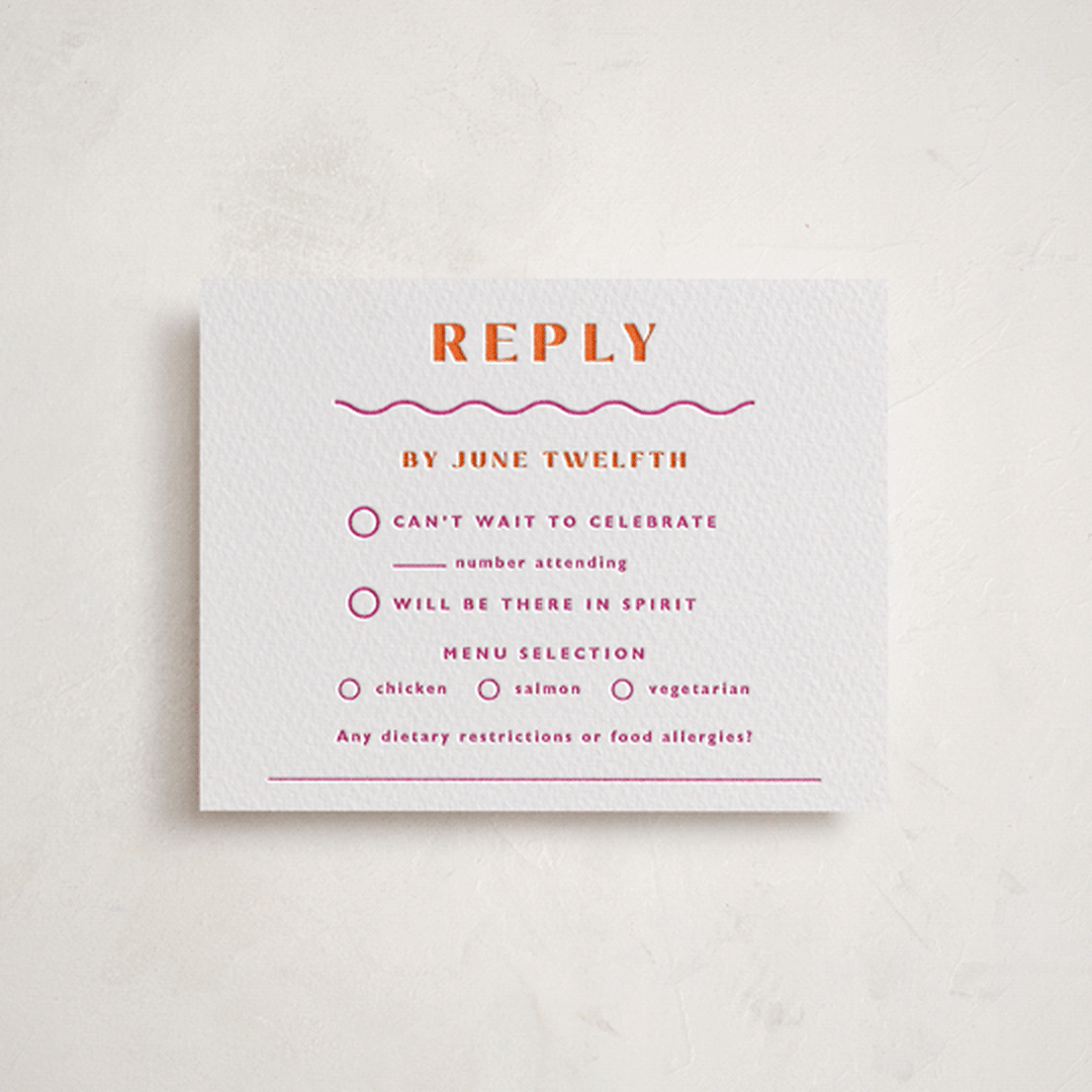 "Tanti Baci" - Letterpress Bar and Bat Mitzvah RSVP Cards in Neon Pink by Olivia Raufman - Front