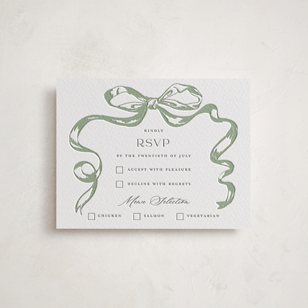 "Big Bow" - Letterpress Bar and Bat Mitzvah RSVP Cards in Mint by Teju Reval - Front