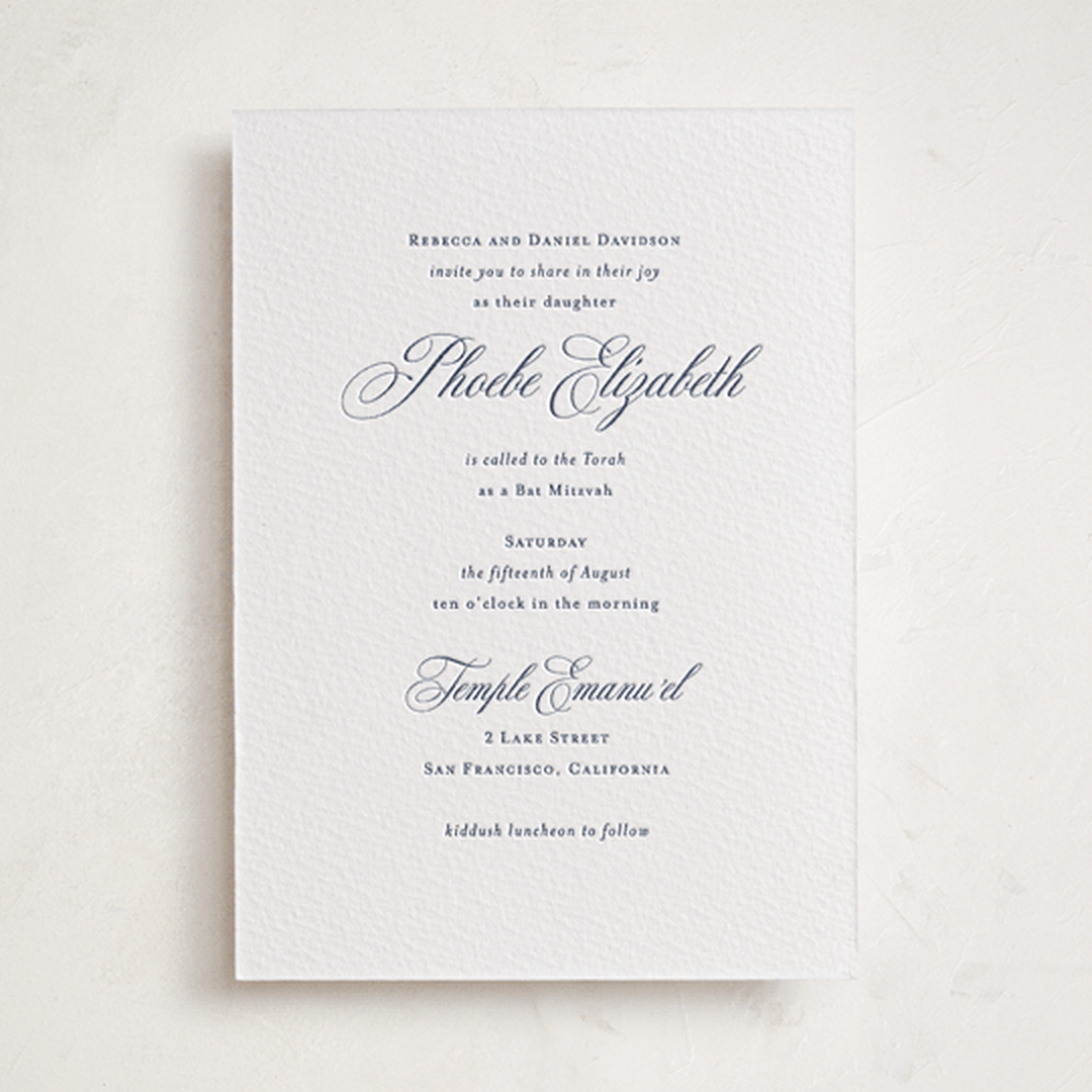 "Empire" - Letterpress Bar and Bat Mitzvah Invitations in Navy by Jennifer Postorino - Front