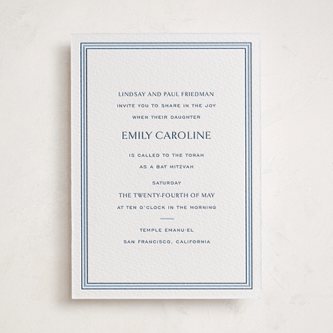 "Beaufort" - Letterpress Bar and Bat Mitzvah Invitations in Sky Blue by Megan Davis - Front