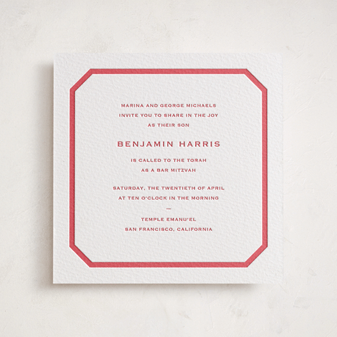 "Danbury" - Letterpress Bar and Bat Mitzvah Invitations in Cherry by Megan Davis - Front