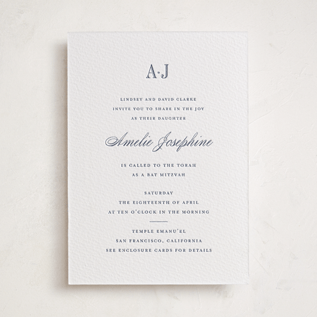 "Hepburn" - Letterpress Bar and Bat Mitzvah Invitations in Navy by Megan Davis - Front