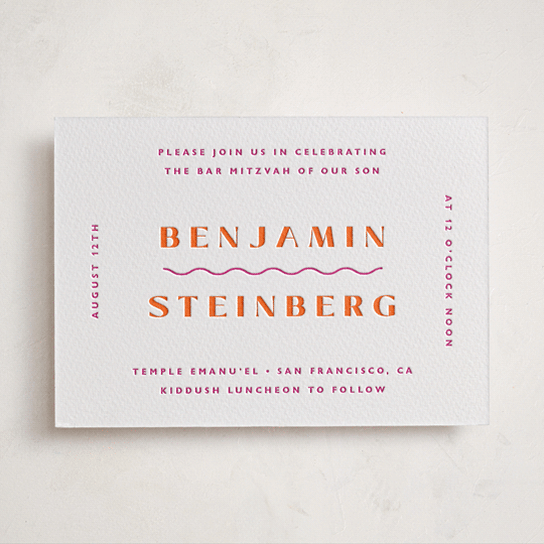 "Tanti Baci" - Letterpress Bar and Bat Mitzvah Invitations in Neon Pink by Olivia Raufman - Front