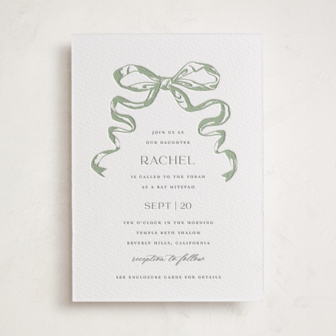 "Big Bow" - Letterpress Bar and Bat Mitzvah Invitations in Mint by Teju Reval - Front
