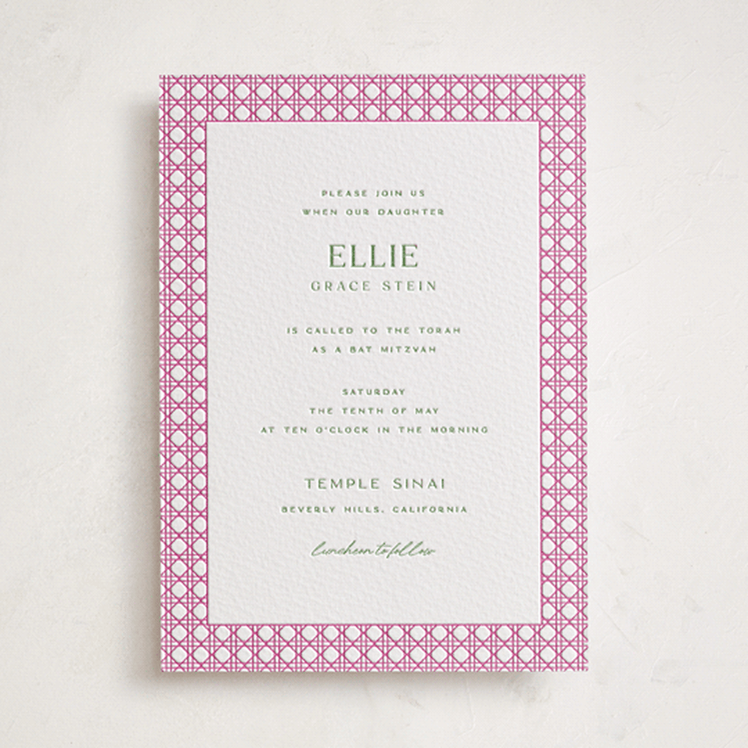 "delicate rattan" - Letterpress Bar and Bat Mitzvah Invitations in Neon Pink by Ellen Schlegelmilch - Front