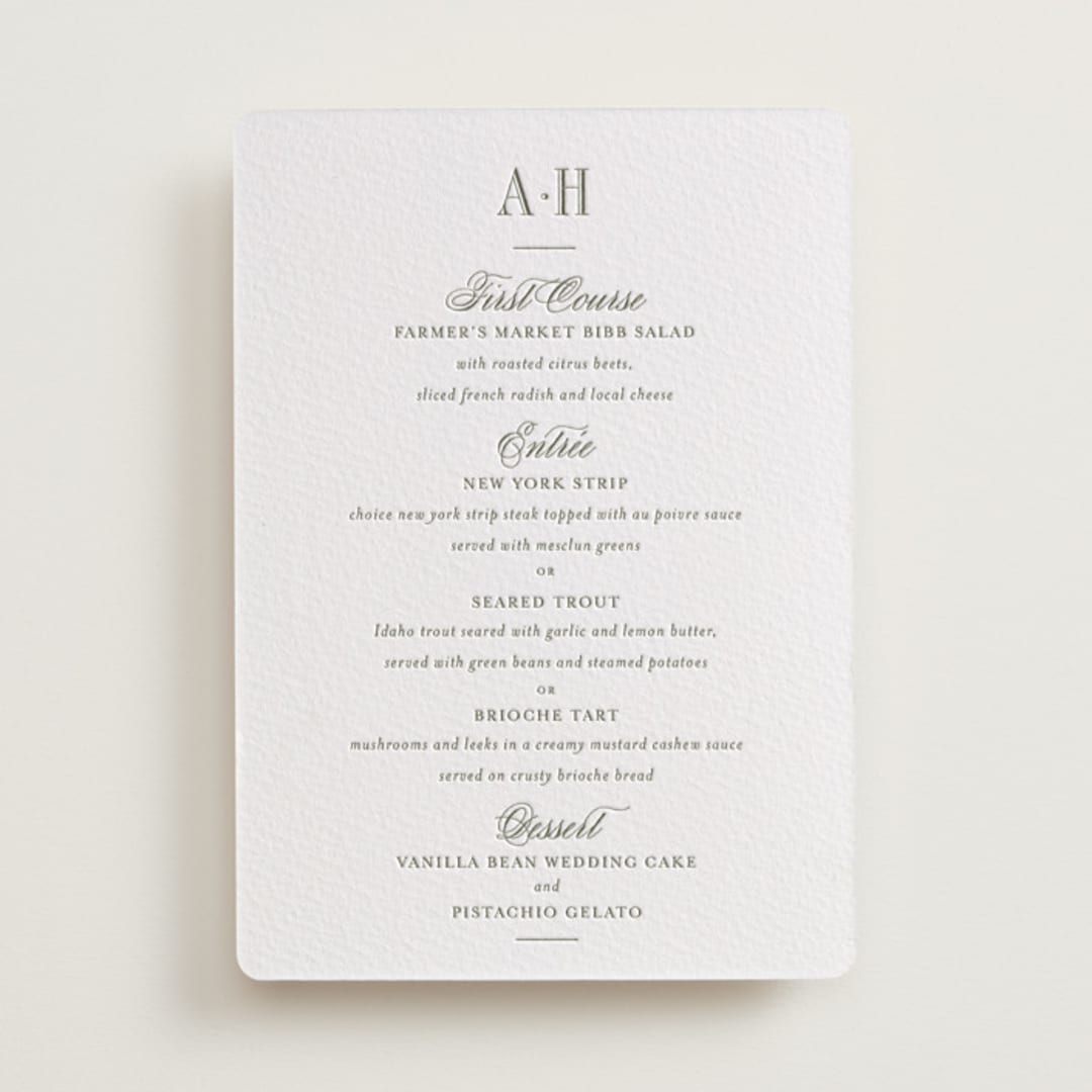 "Hepburn" - Letterpress Menus in Moss by Megan Davis - Front