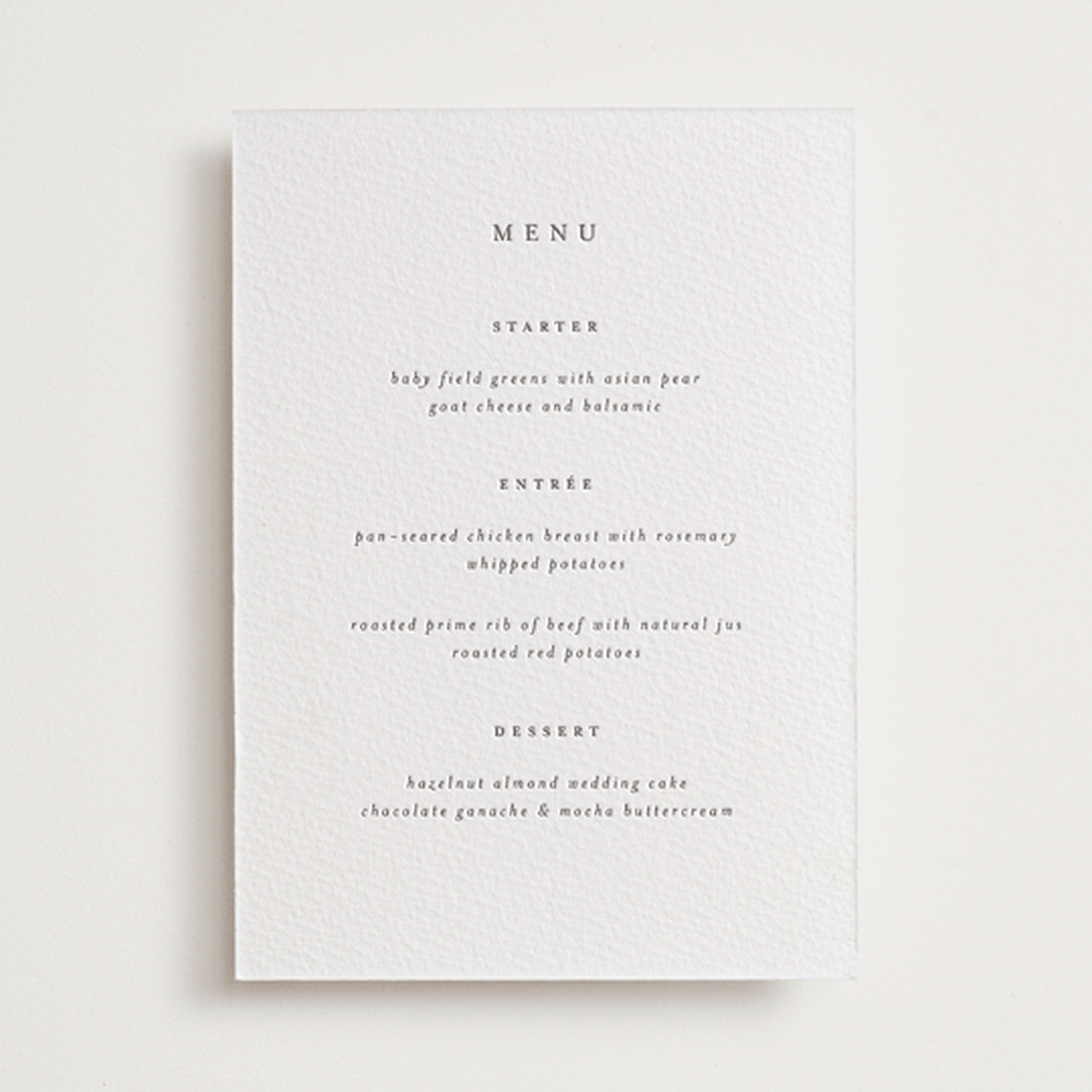 "A Thousand Years" - Letterpress Menus in Soft Black by Design Lotus - Front