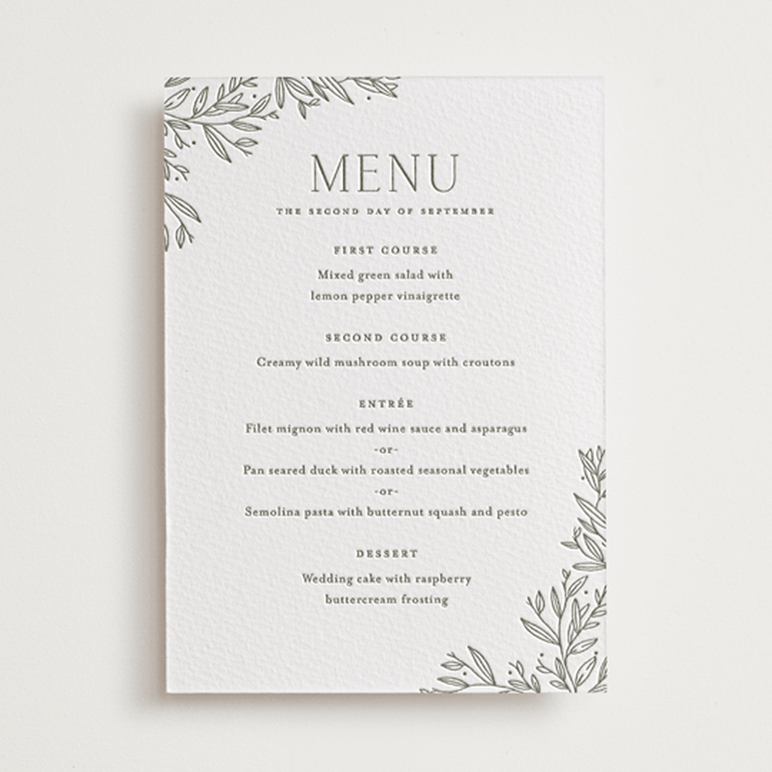 "Beauty of Nature" - Letterpress Menus in Moss by Oscar and Emma - Karly Depew - Front