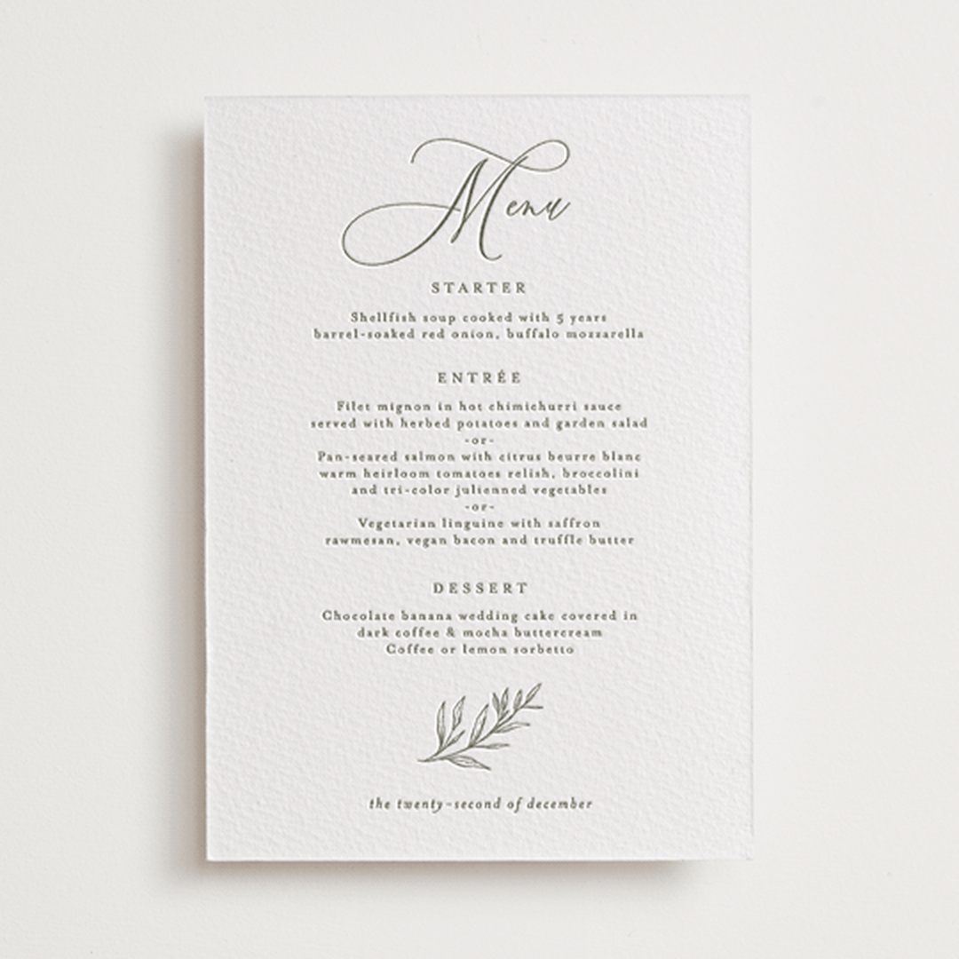 "creme au beurre" - Letterpress Menus in Moss by chocomocacino - Front