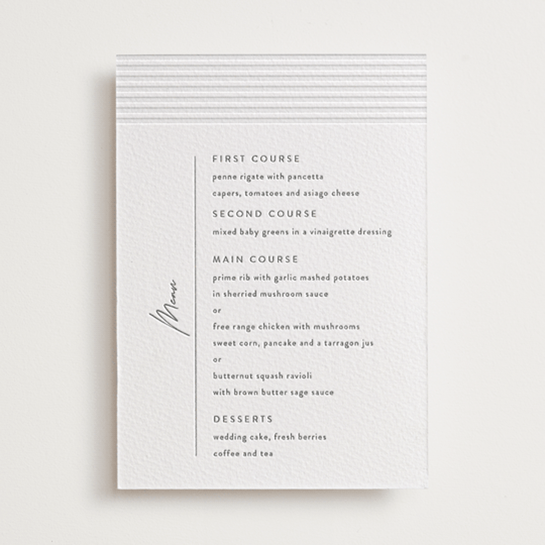 "Art Deco" - Letterpress Menus in Pewter by Shannon Chen of Four Wet Feet Studio - Front