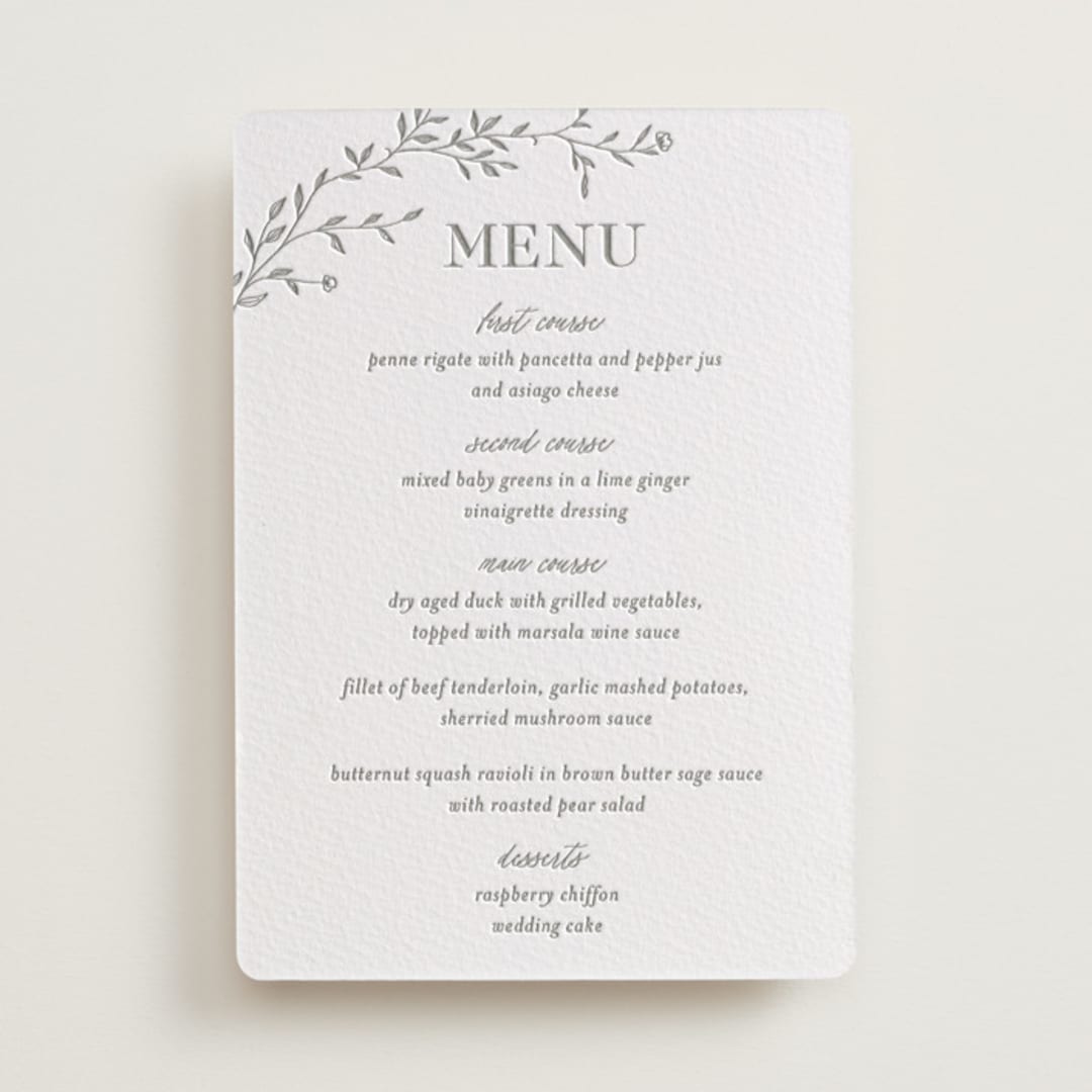 "Jasmine" - Letterpress Menus in Ash by Vera Lim - Front