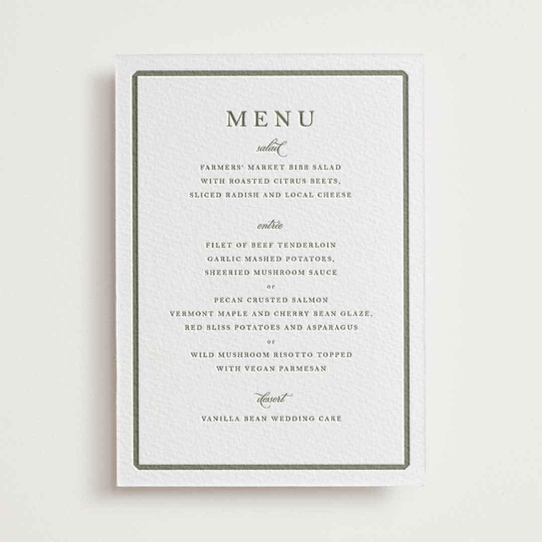 "Bevel" - Letterpress Menus in Moss by Megan Davis - Front