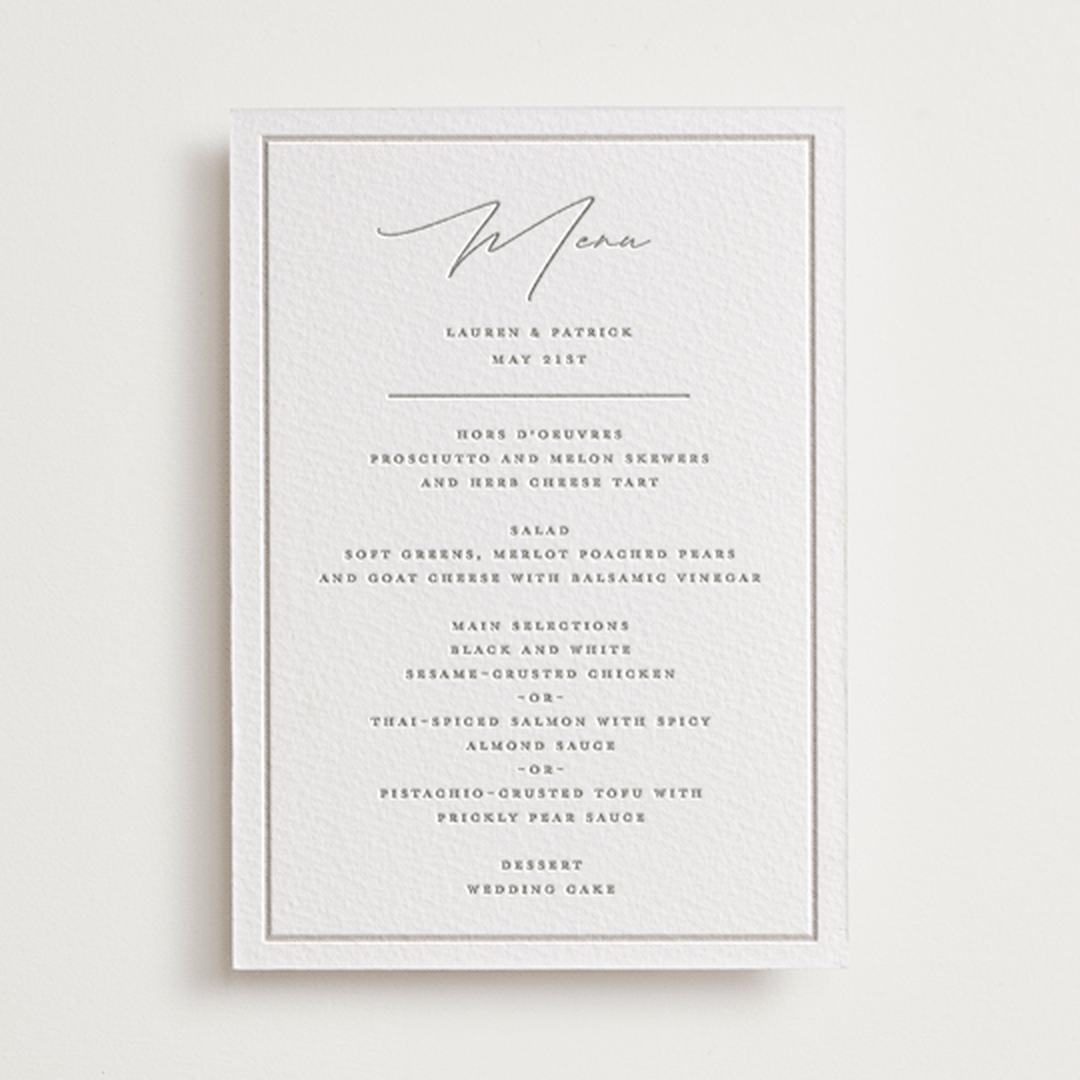 "Wax Seal Monogram" - Letterpress Menus in Ash by Carolyn MacLaren - Front