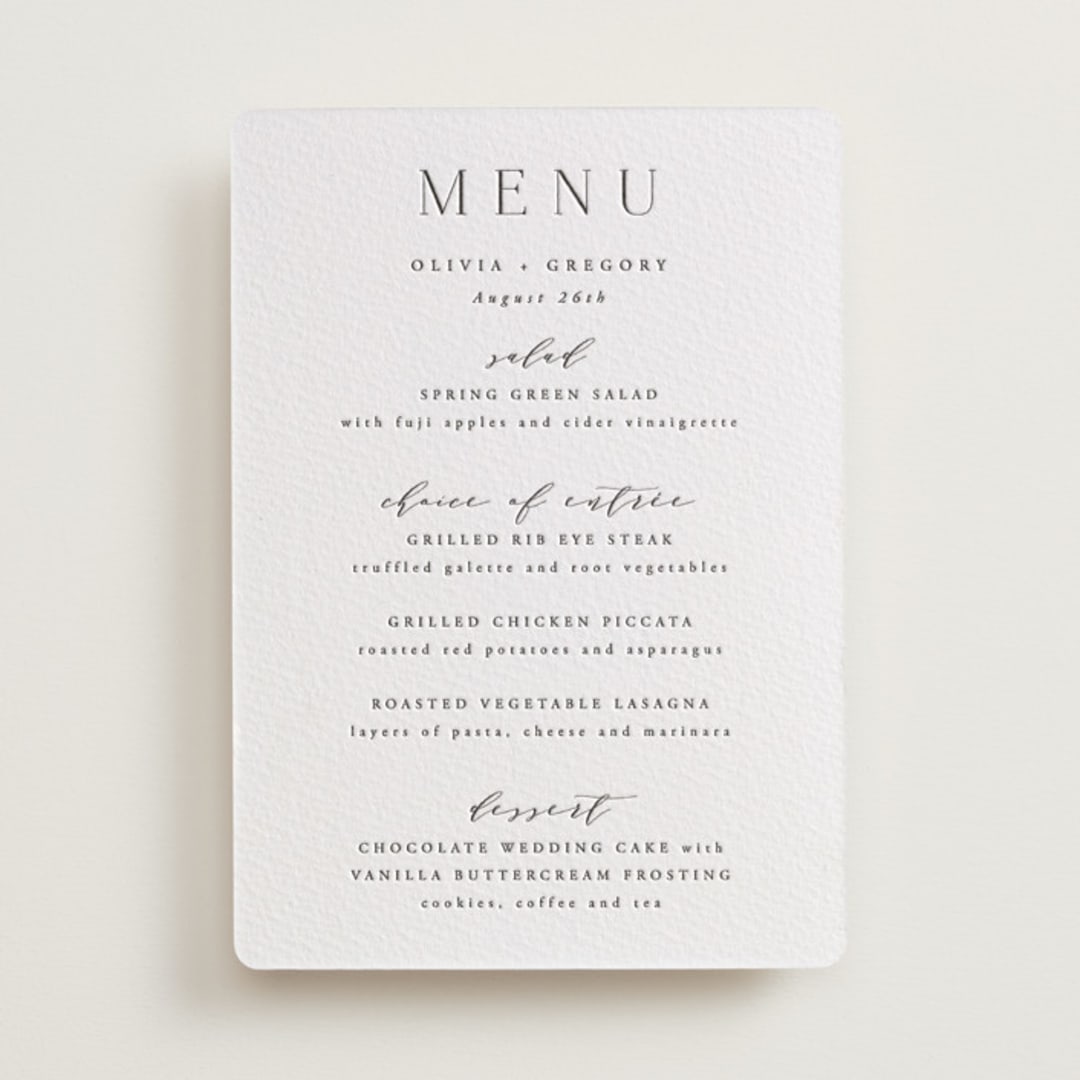 "Classy Type" - Letterpress Menus in Soft Black by Hooray Creative - Front