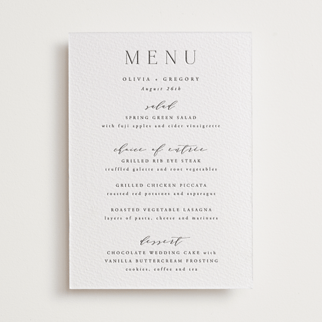 "Classy Type" - Letterpress Menus in Soft Black by Hooray Creative - Front