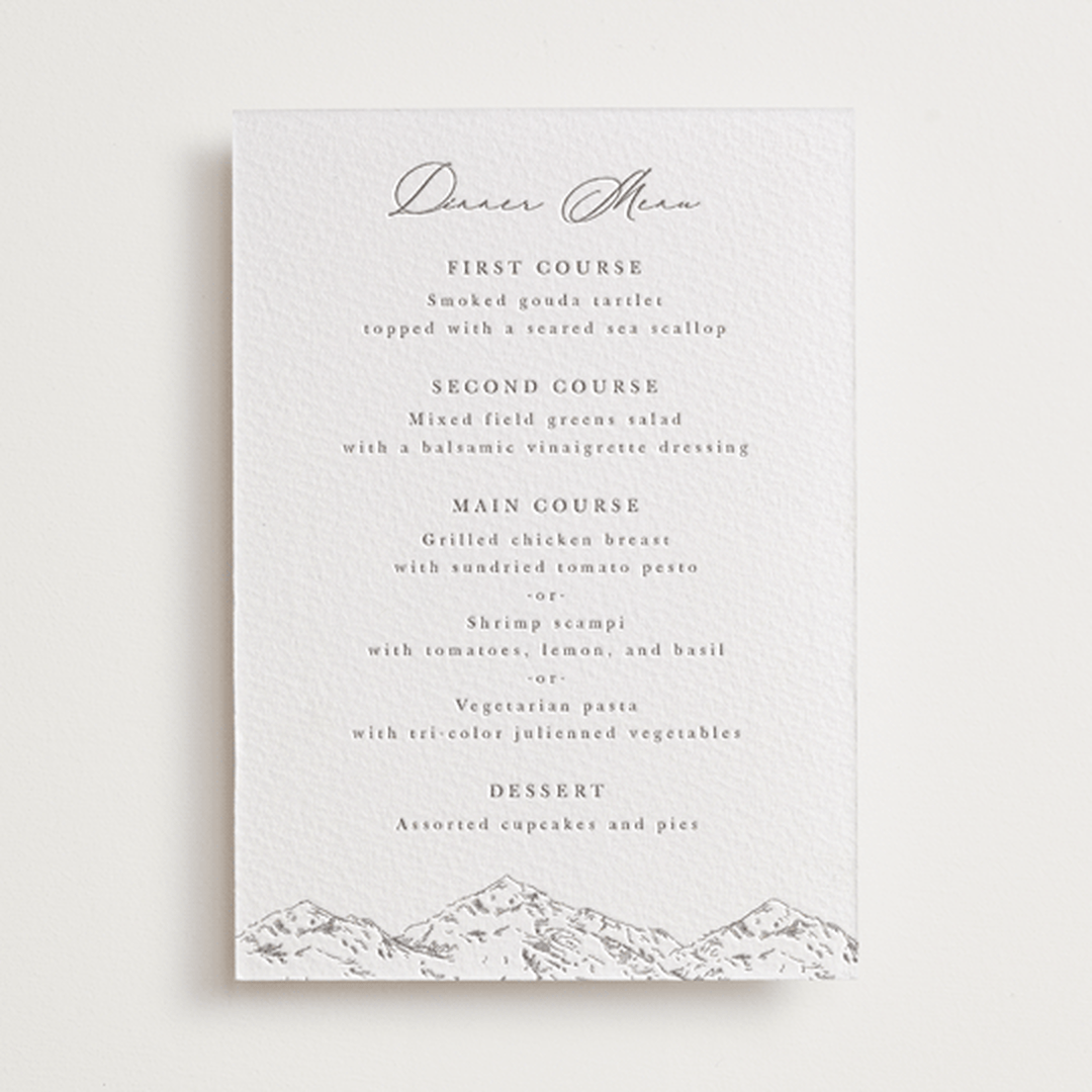 "Mountainview" - Letterpress Menus in Graphite by Sarah Brown - Front