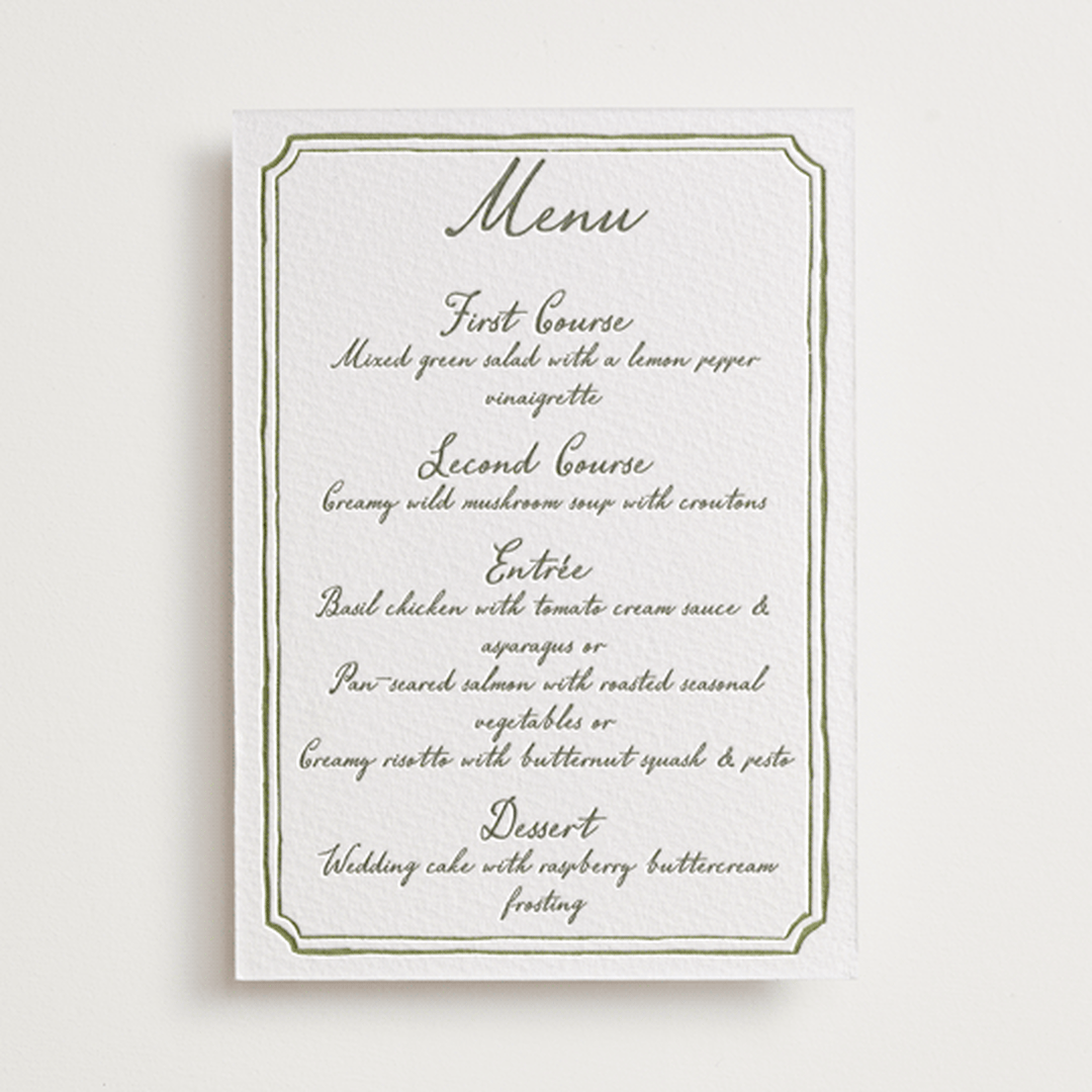 "Handwritten" - Letterpress Menus in Moss by Cass Loh - Front