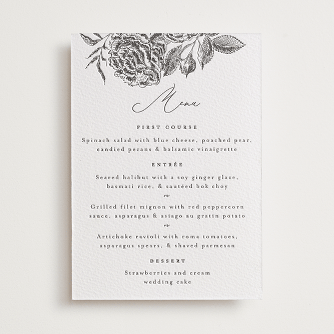 "Etchings of Roses" - Letterpress Menus in Soft Black by Chris Griffith - Front