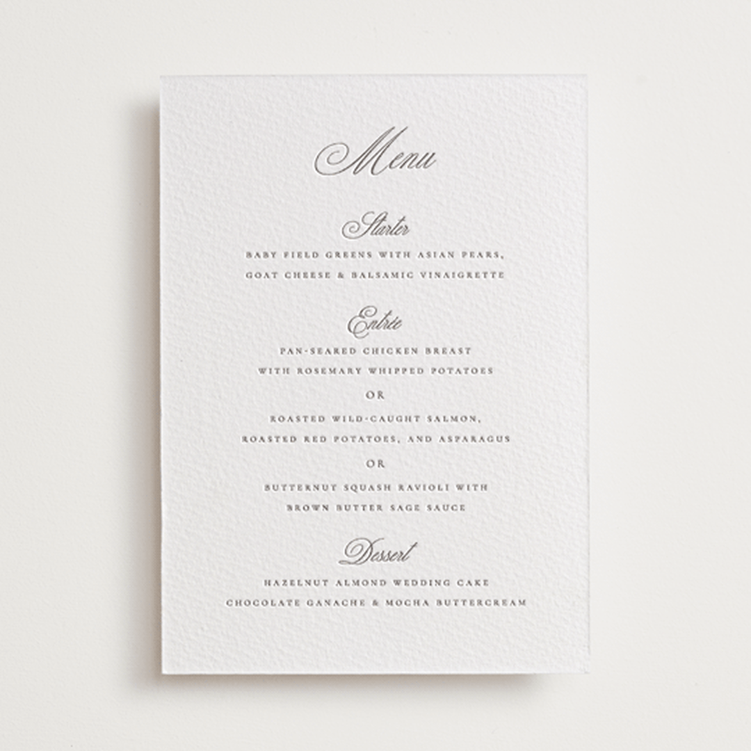 "Calligraphie" - Letterpress Menus in Graphite by Wildfield Paper Co - Front