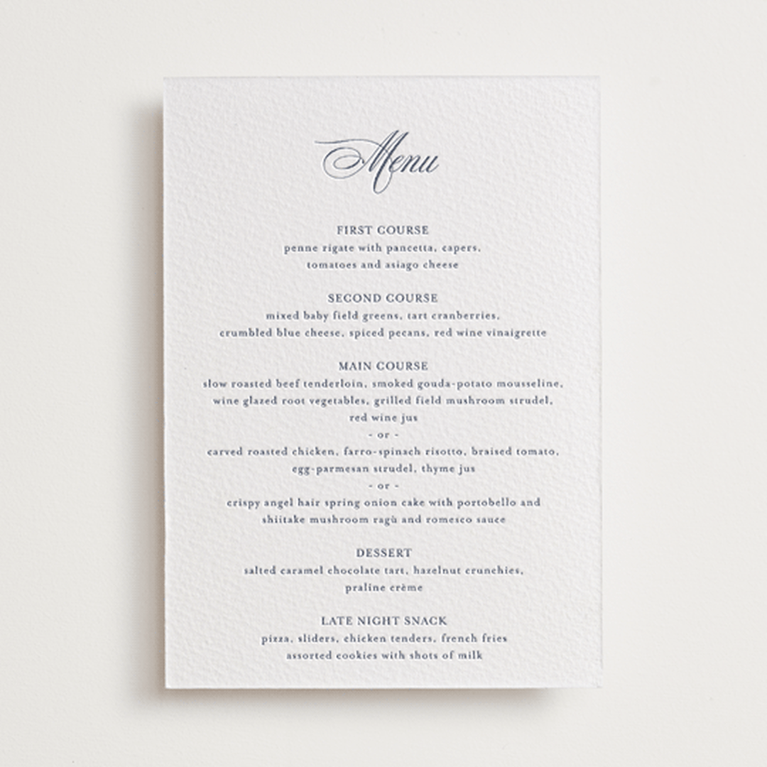 "Empire" - Letterpress Menus in Aegean by Jennifer Postorino - Front
