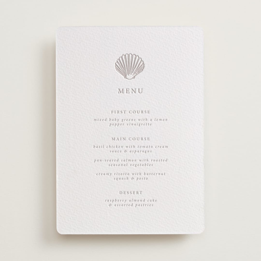 "Simple Seashell" - Letterpress Menus in Dove Grey by Hannah Bowman - Front
