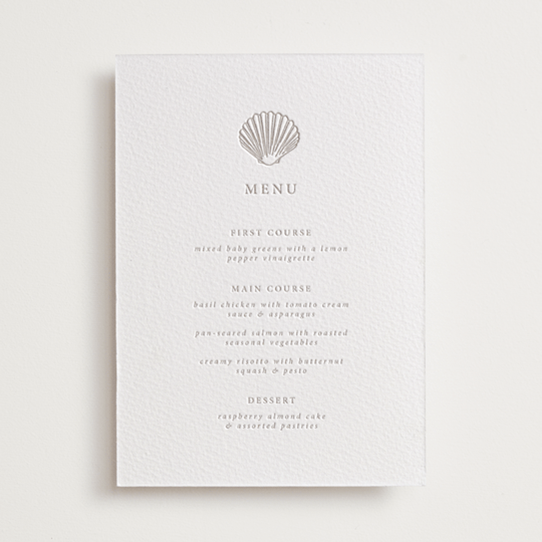 "Simple Seashell" - Letterpress Menus in Dove Grey by Hannah Bowman - Front