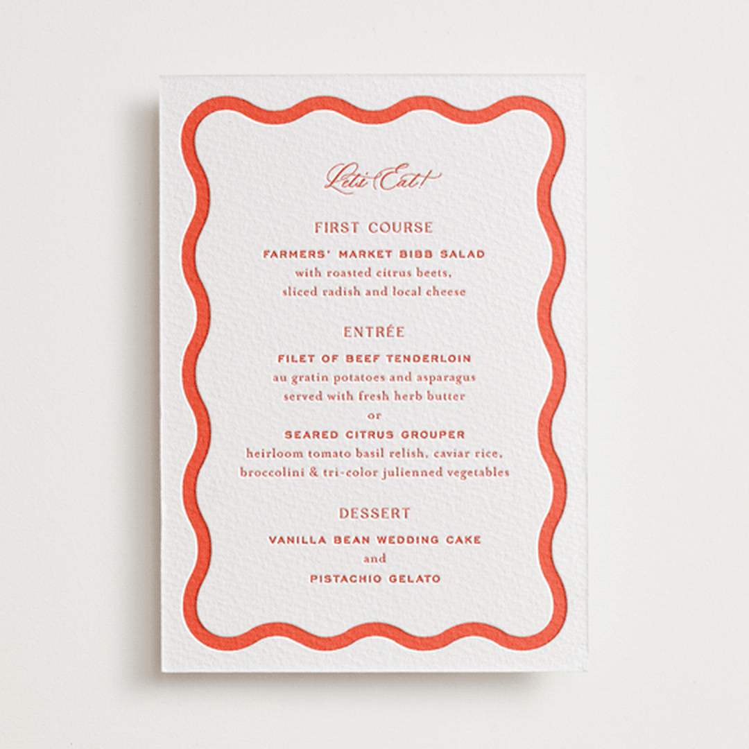 "Racquet" - Letterpress Menus in Verona Sunset by Megan Davis - Front