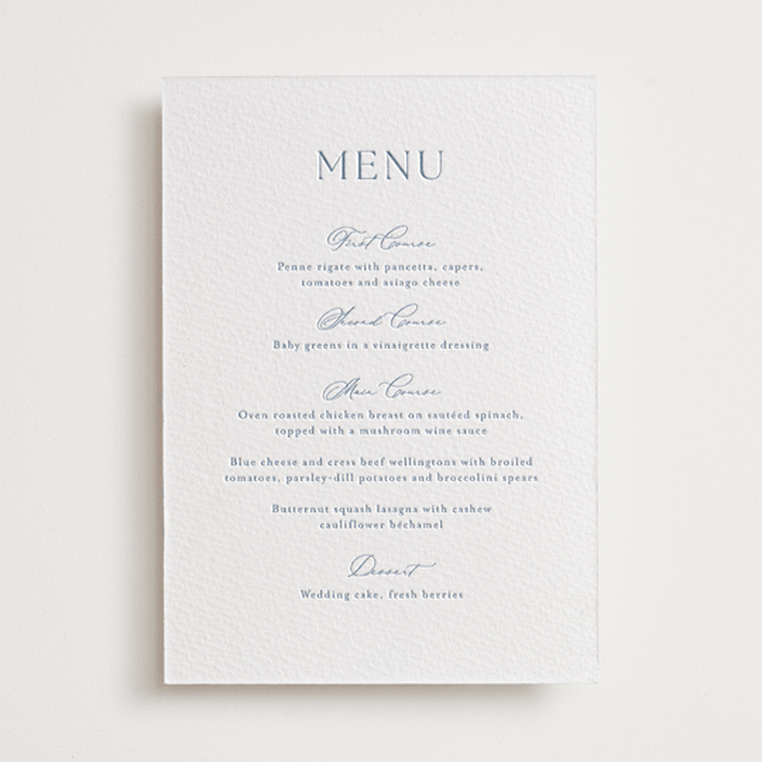 "Modern Air" - Letterpress Menus in Provincial Blue by Stacey Meacham - Front