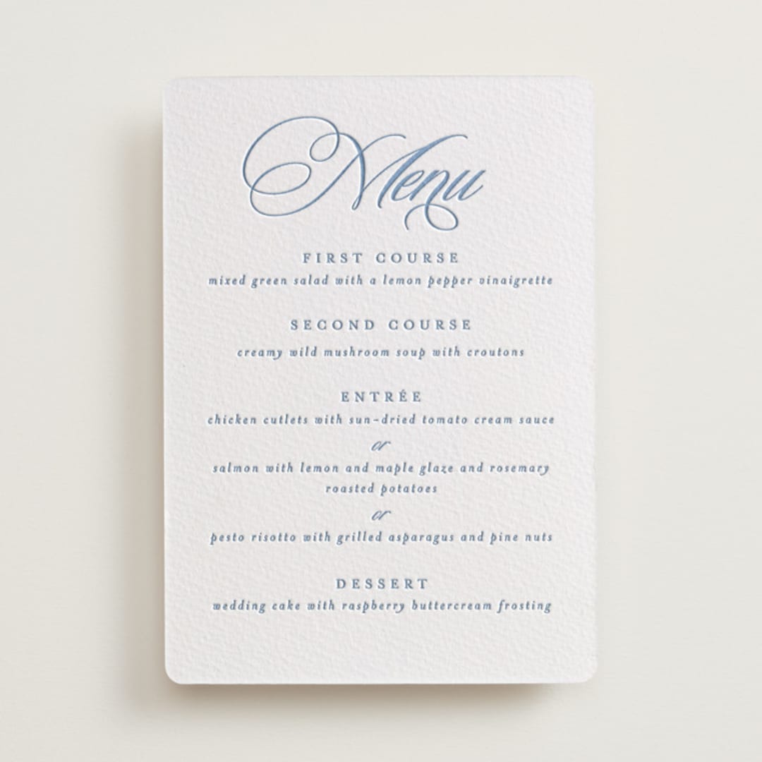 "Aristocratic" - Letterpress Menus in Provincial Blue by Creo Study - Front